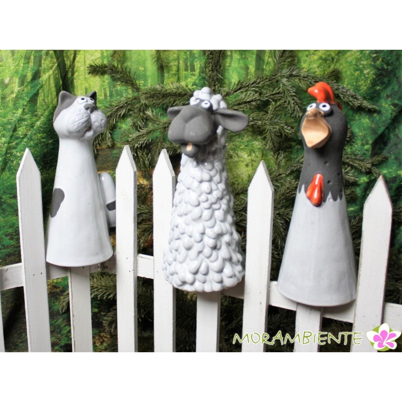 Zaunhocker, Beetfiguren aus Keramik: Schaf, Huhn und Katze