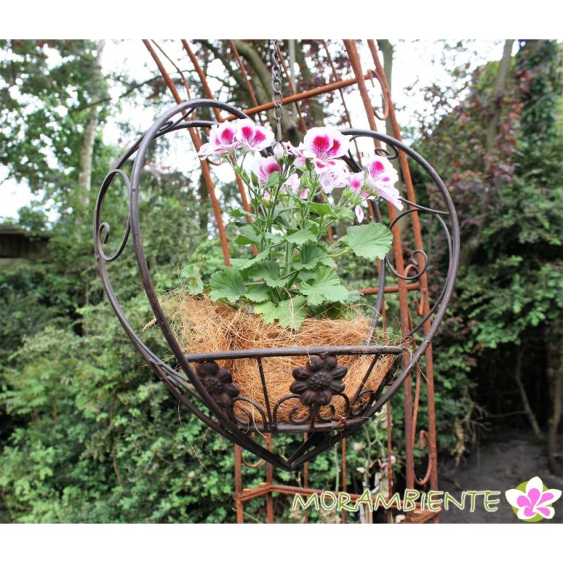 Blumenampel aus dunkelbraunem Metall in Herzform